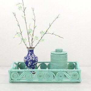 New Swirly Rectangle Rattan Tray with Handles-Sage Leaf-15.5"